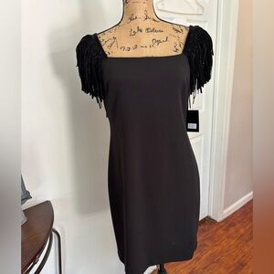 DKNY Black Mini Dress with suede rhinestone Fringe Sleeves  holidays party